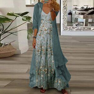 NEVER WORN - Floral Print Maxi Dress With Thin Jacket - Two Piece